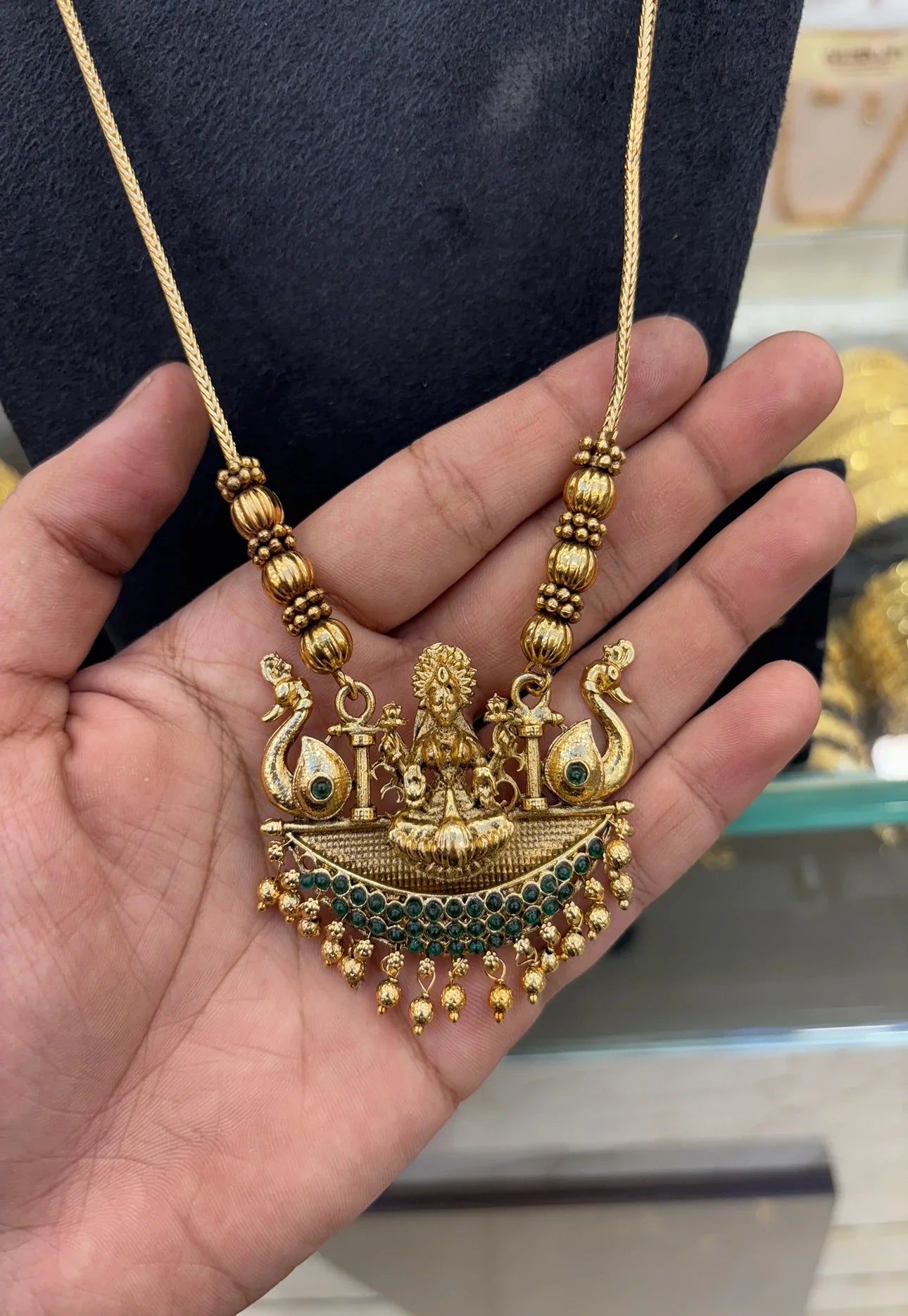 Antique Lakshmi Dollar Chain Green stone
