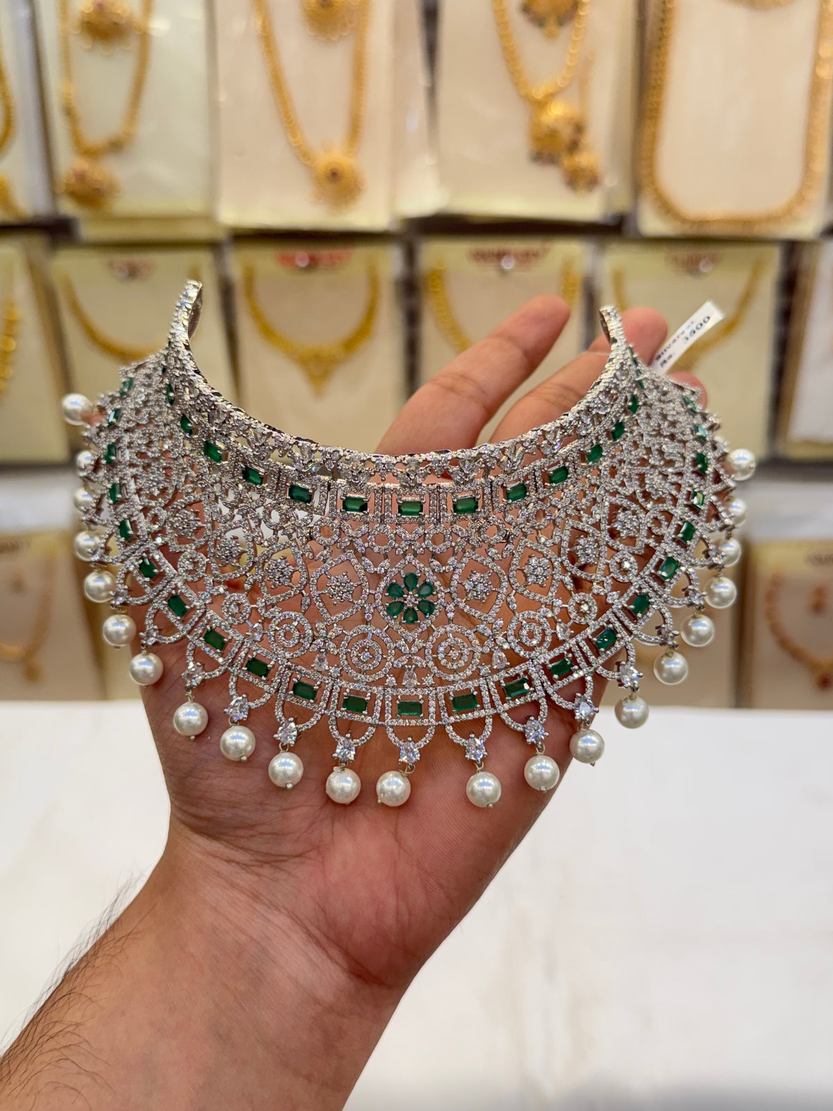Elegant A.D Choker Set - Green Stone