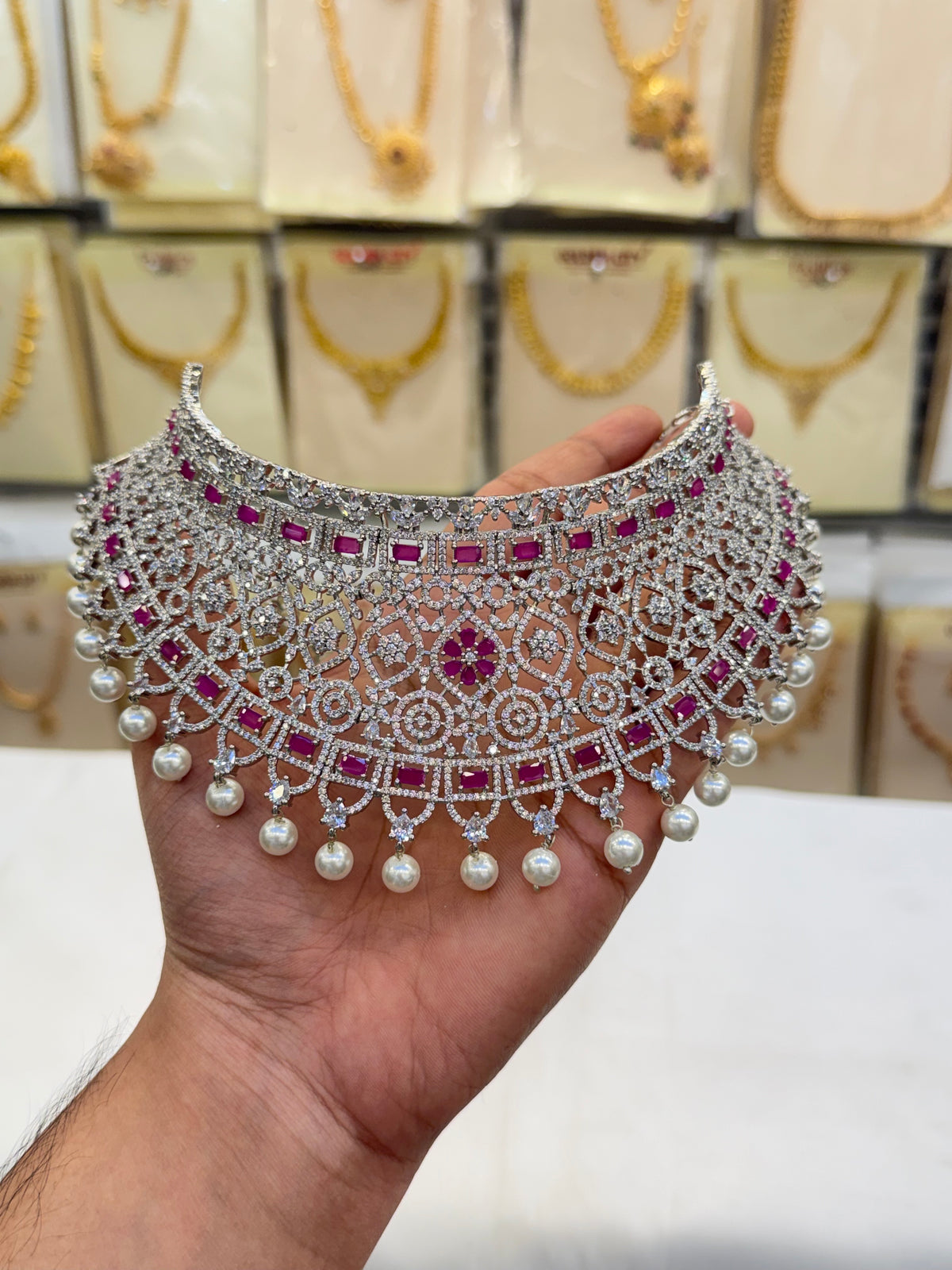 Elegant A.D Choker Set - Pink Stone