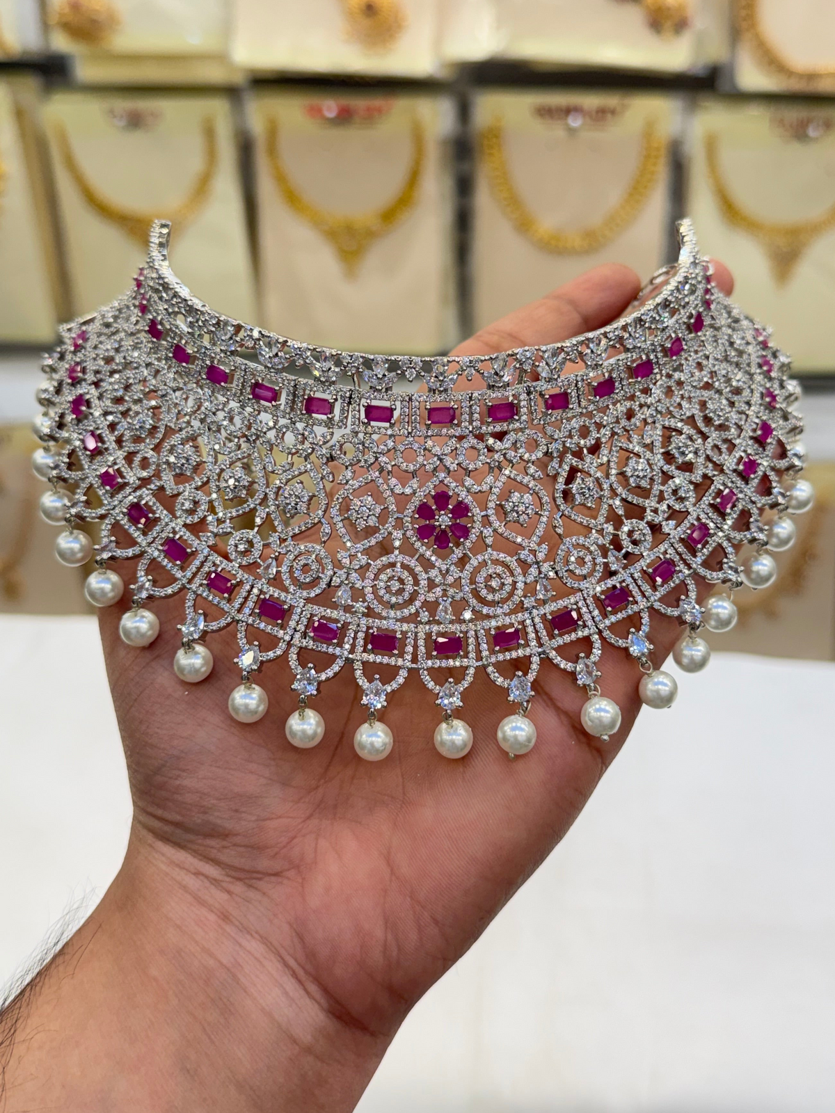 Elegant A.D Choker Set - Pink Stone