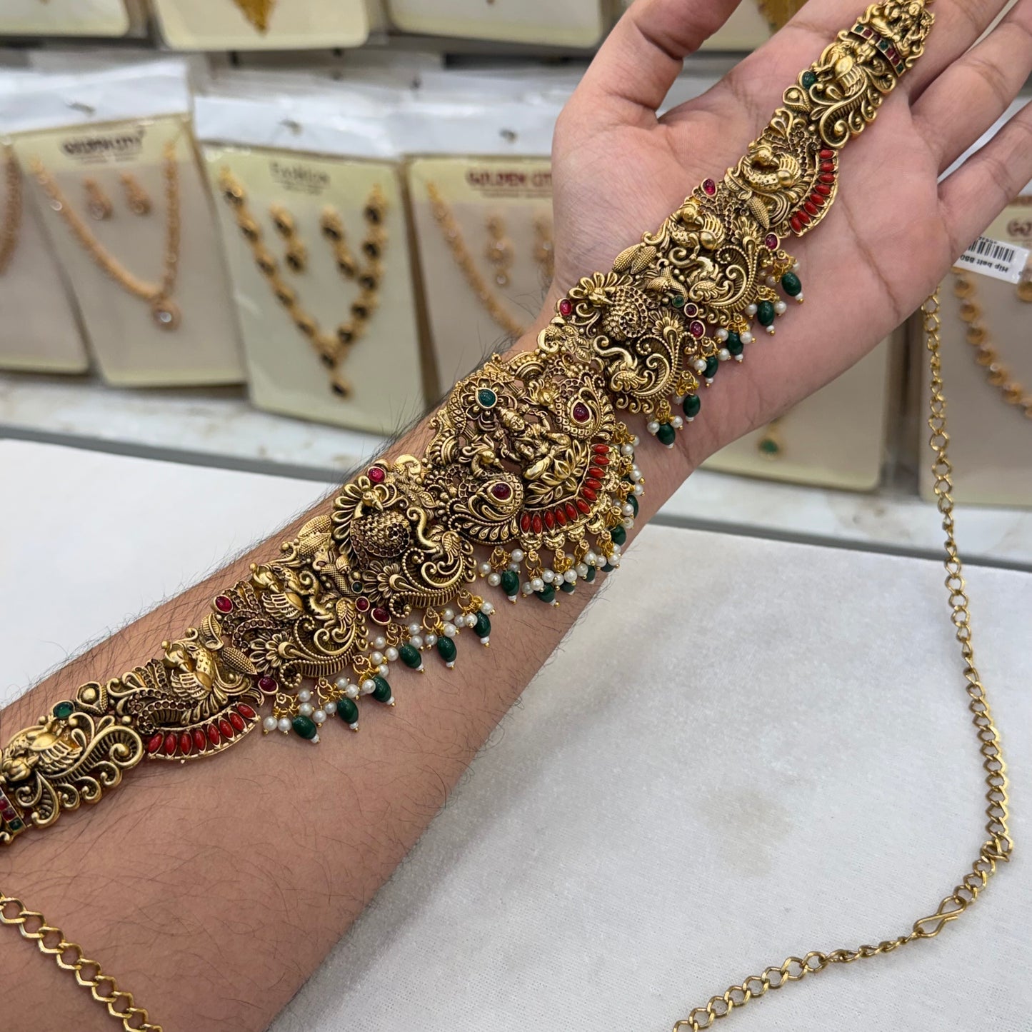 Antique Coral & Green Beats Hip Chain