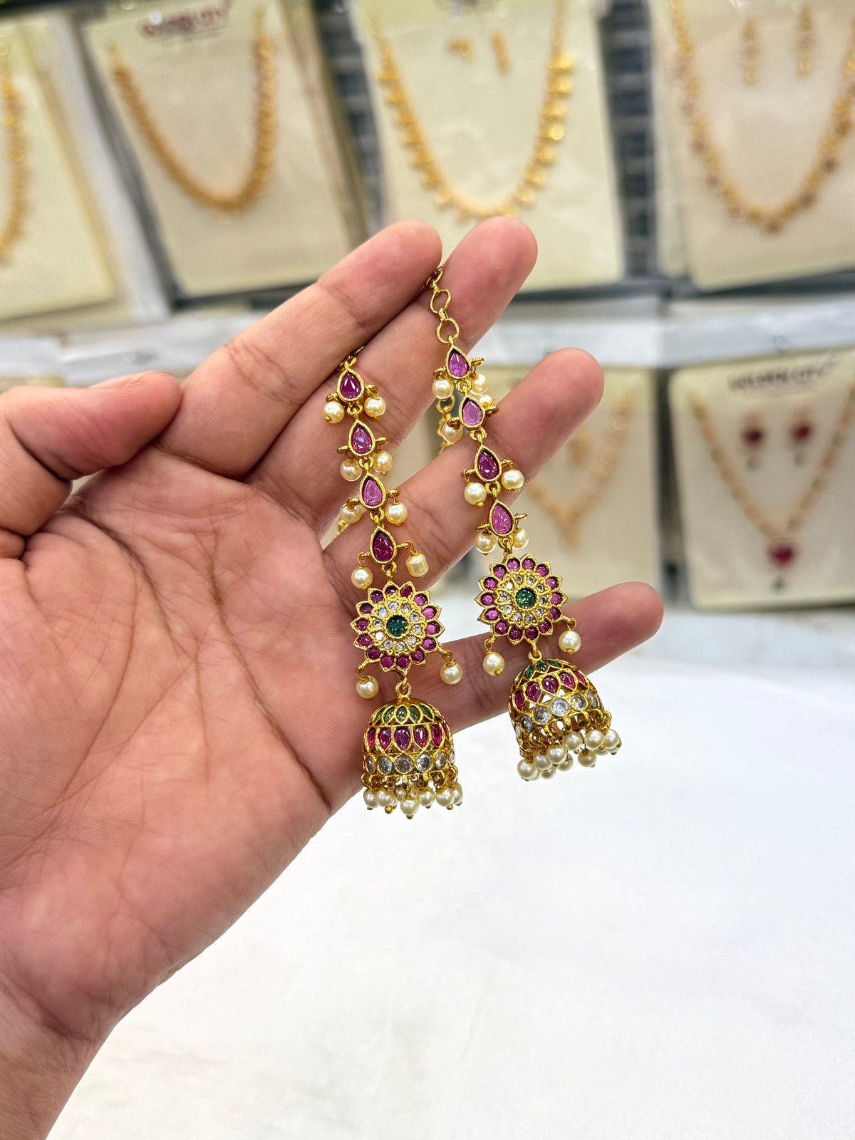 Beautiful Ruby Stone Jhumki & Mattel Set