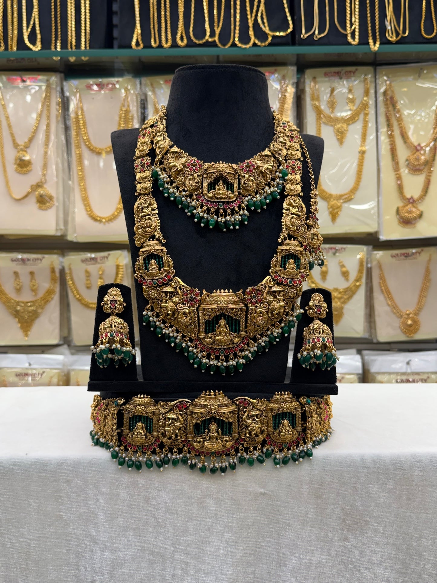 Heavy Antique Green Laxmi Design Bridal Set